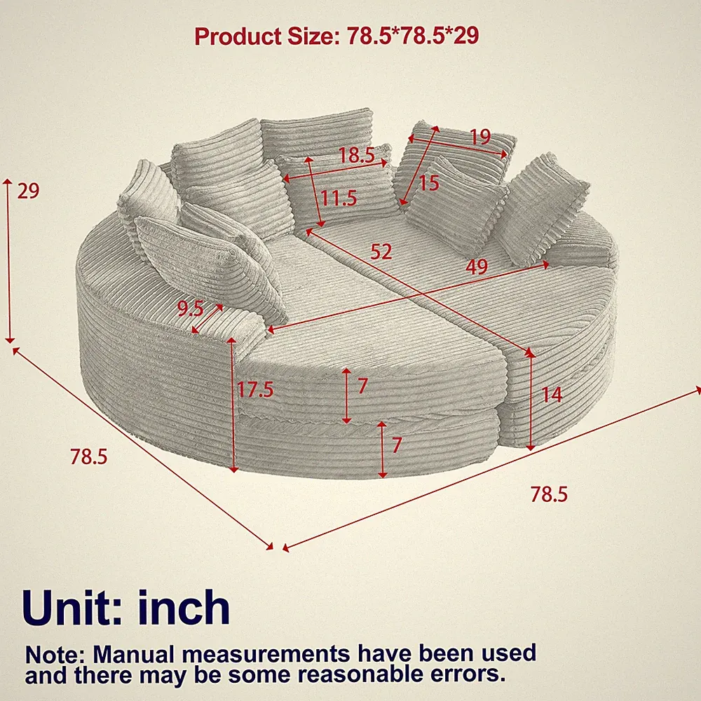 78.5-inch Corduroy Round Oversized Recliner, Converts into Two Recliners, 2-In
