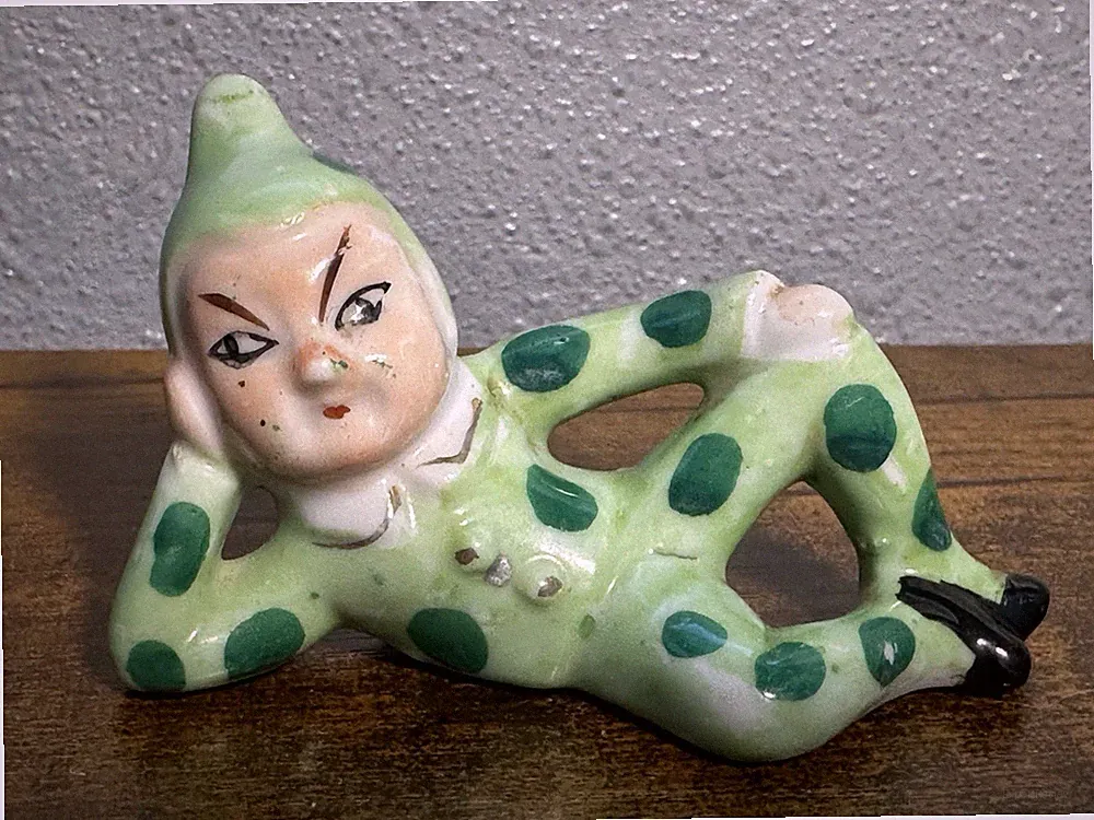 Green Pixie Elf Small Reclining Polka Dots Ceramic Figurine MCM 1950s