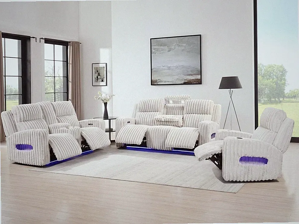 Manhattan Power Reclining Sofa, Loveseat & Chair Set with LED Lights & Speakers
