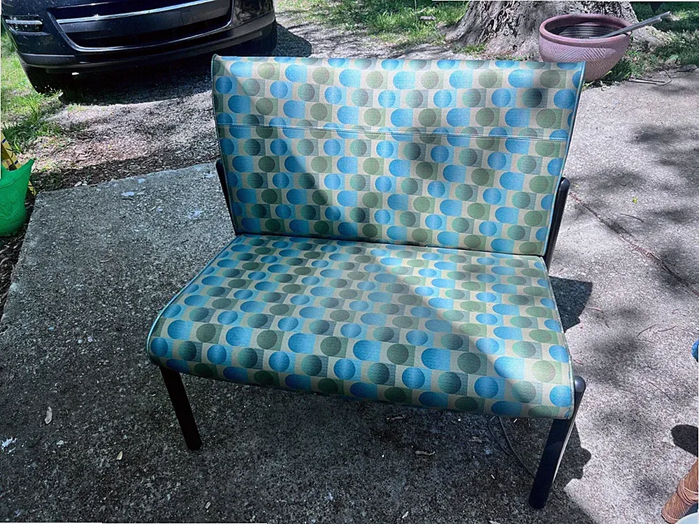 MCM style armless loveseat /lounge chair Blue/Green Geometric Circles Mid Centur