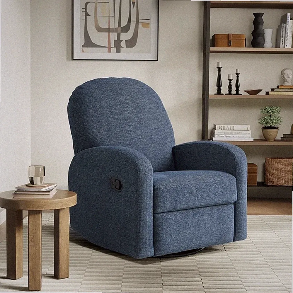 Pemberly Row Swivel Rocker Recliner in Blue Polyeseter Fabric