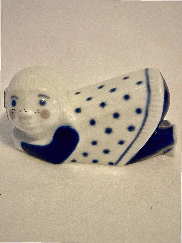 PORSGRUND Norway Blue and White Reclining Girl Porcelain Figurine - SWEET