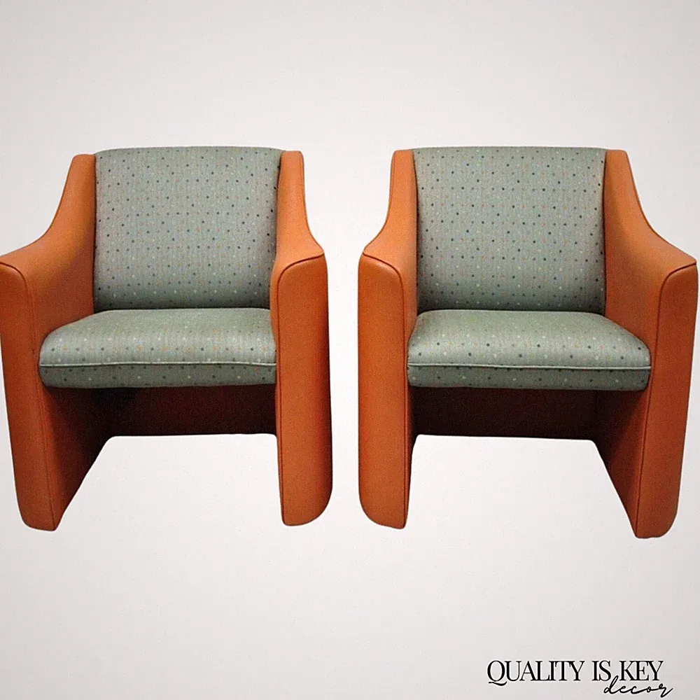 Postmodern Orange Green Lounge Chairs by Global Upholstery Company Ltd - a Pair