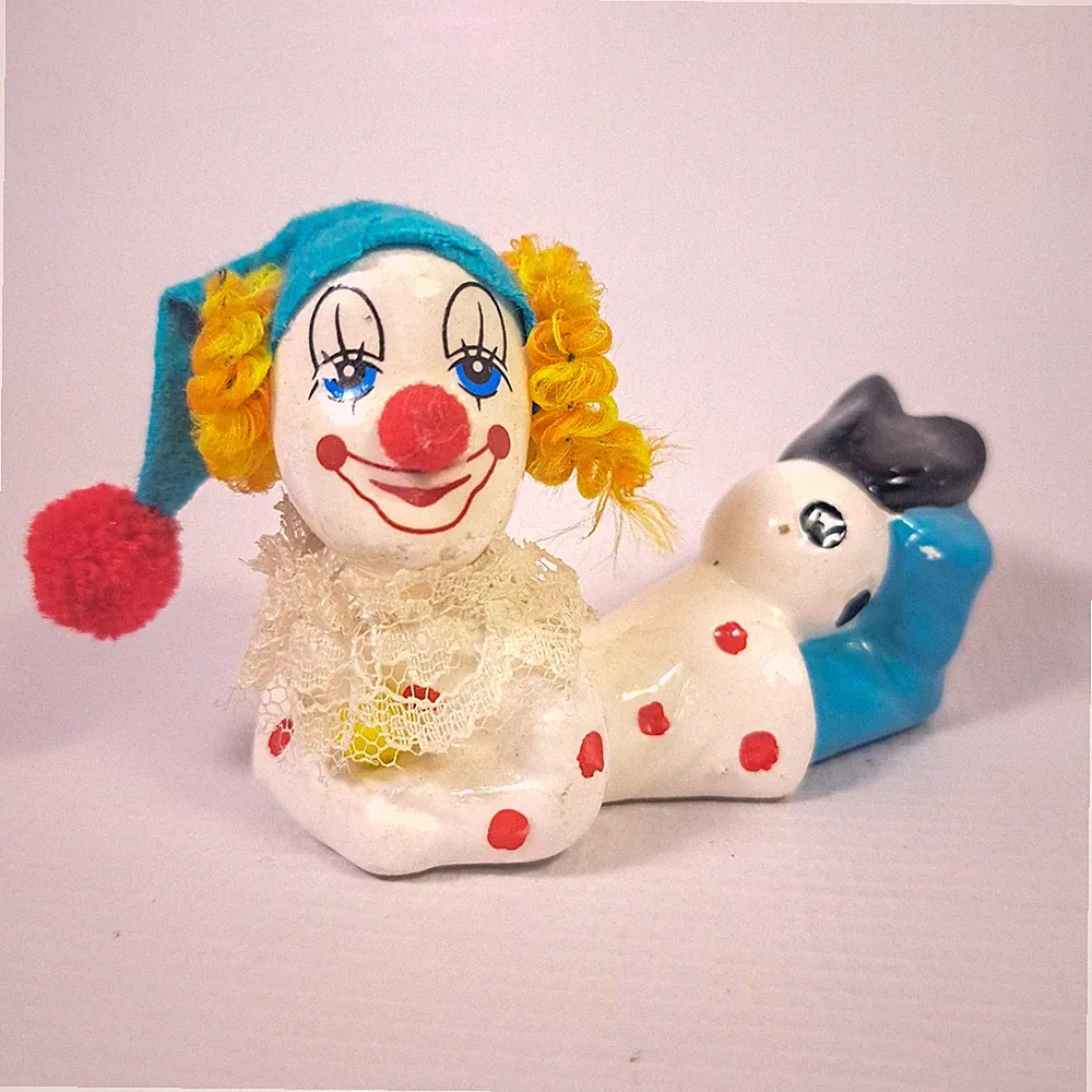 Vintage Action Industries Reclining Clown Figurine Polka Dot Outfit Ceramic 4.25